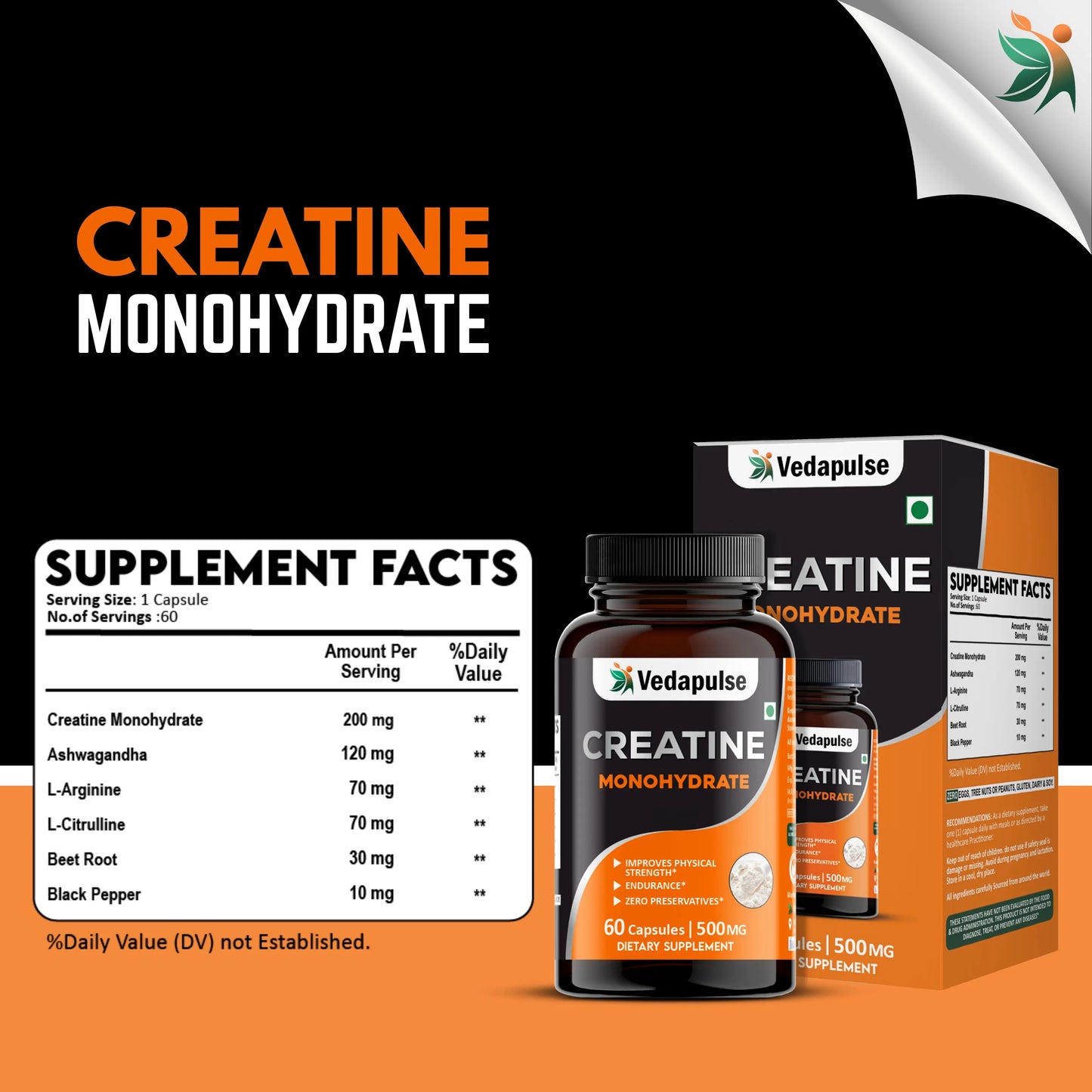 Vedapulse Creatine Monohydrate Capsules – Strength, Endurance, Performance Support 60 Caps Pack - Vedapulse