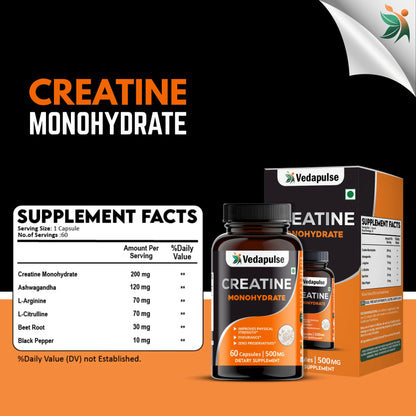 Vedapulse Creatine Monohydrate Capsules – Strength, Endurance, Performance Support 60 Caps Pack - Vedapulse