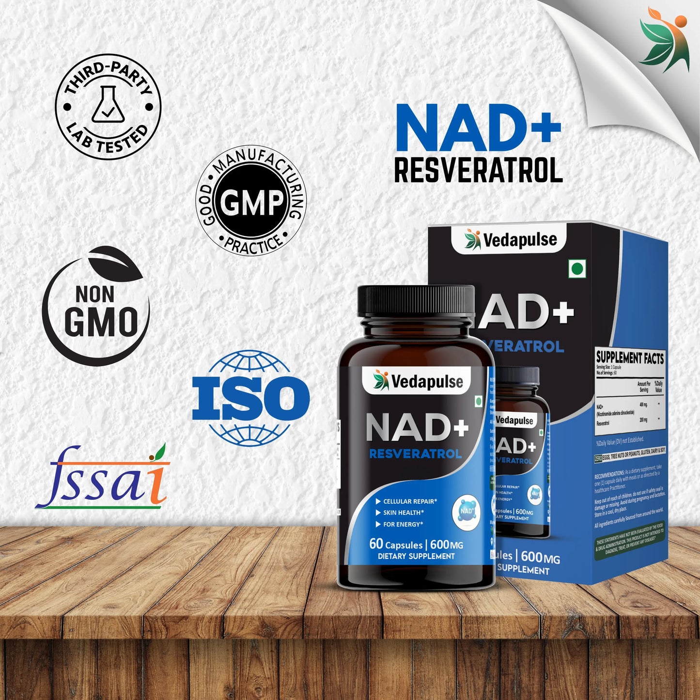 NAD+ Resveratrol Capsules – Cellular Repair & Energy Support | Vedapulse - Vedapulse